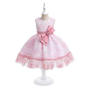 Girls Dress Pink Floral Lace with Bow party formal Birthday Costume Performance